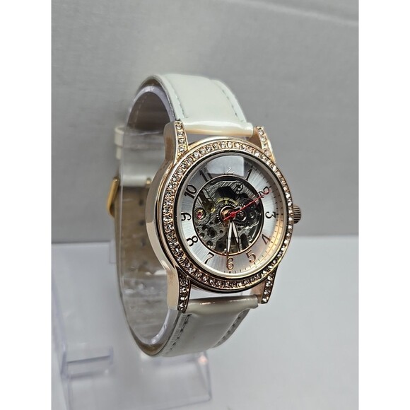 Burgi Automatic Skeleton Watch Rose Gold Crystal Bezel White Strap Exhibition - Picture 3 of 15